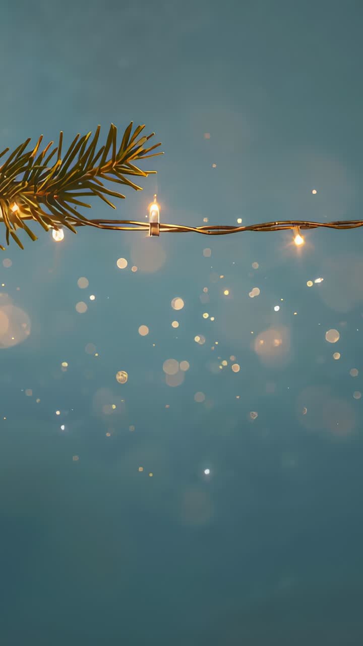 Vertical video: Powering LED string and pine sprig twinkling on teal wall, with festive bokeh glow