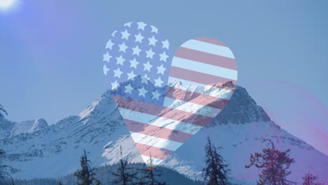 animation of american flag heart over stunning mountain landscape