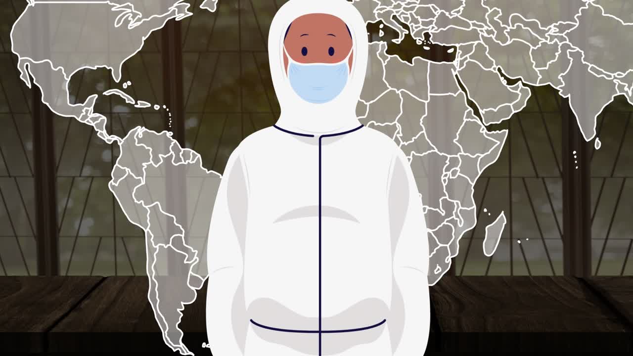 Animatie van persoon die een beschermende overall draagt over wereldkaart