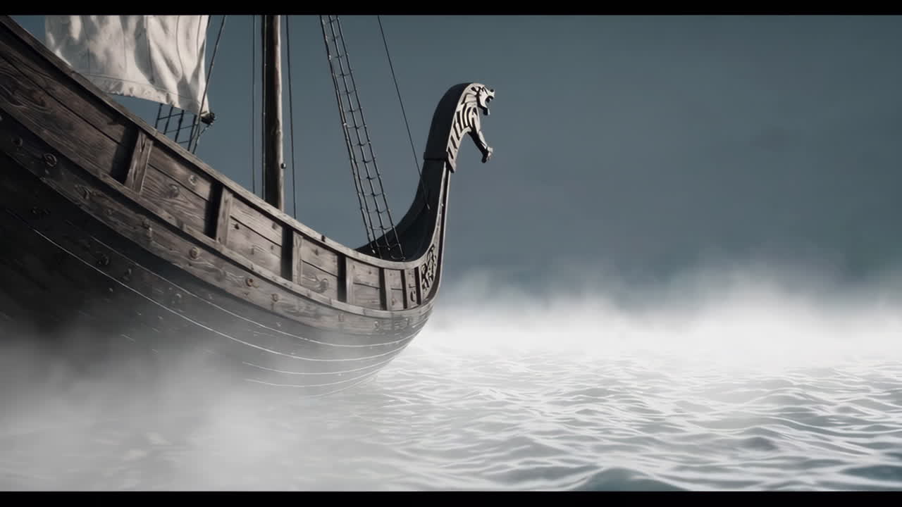 안개 가 가득 한 바다 에 있는 바이킹 선박