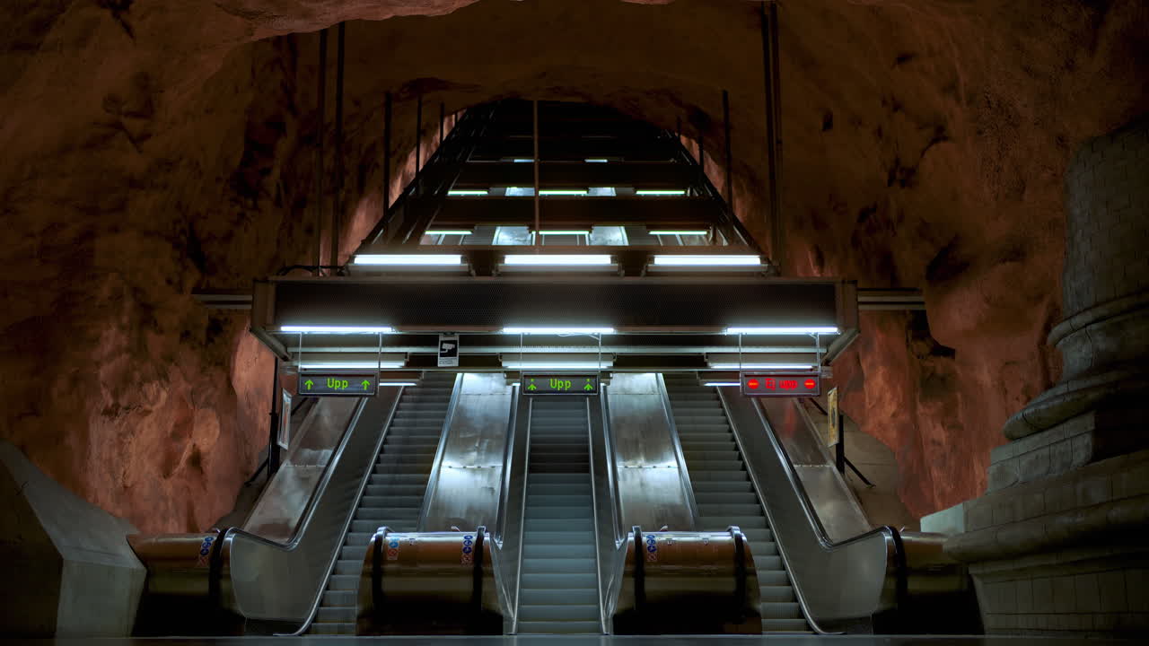 Cinemagraph Radhuset station escalator, Stockholm, Sweden. Subway metro cave modern architecture