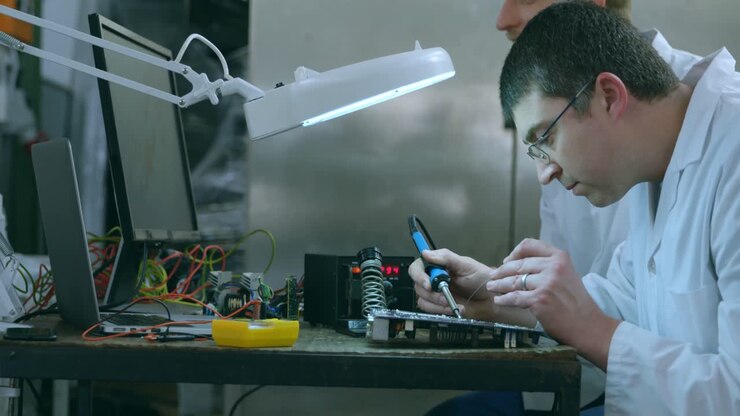 Robotic engineer assembling circuit board at desk 4k