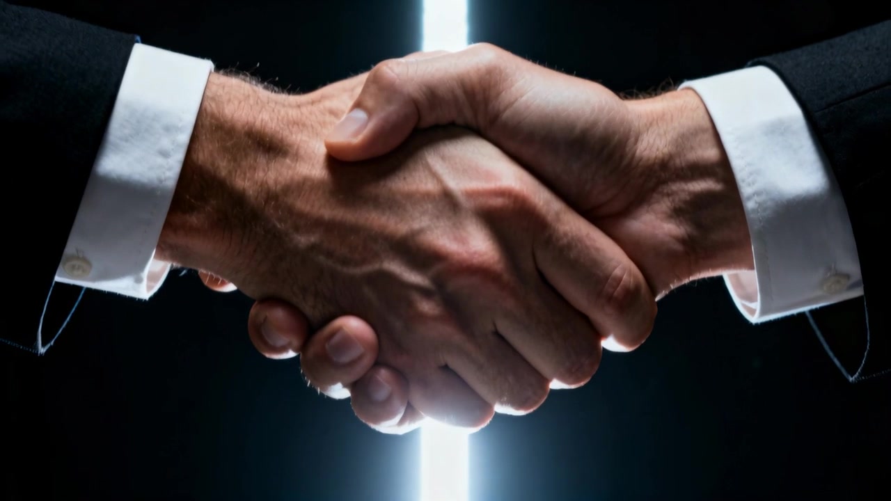 Approaching two men in suits bringing hands together in dark studio, LED light strip sealing deal