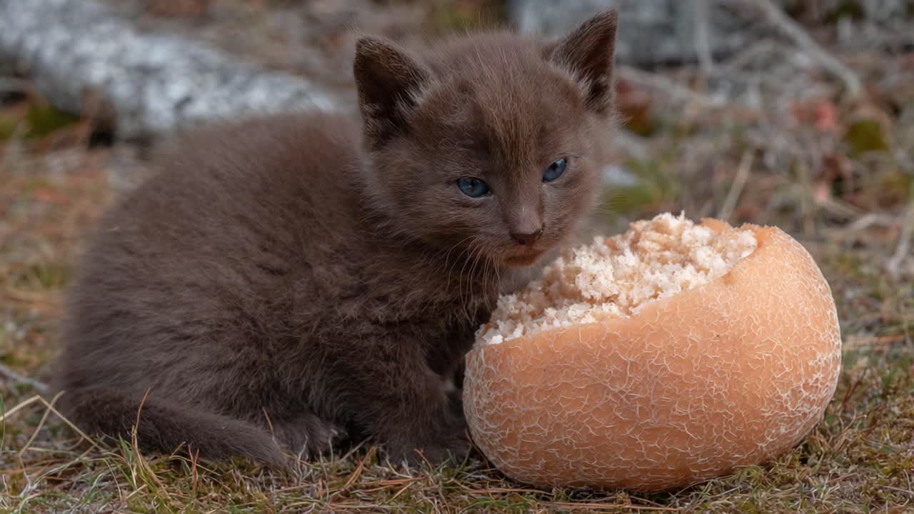 Adorable Kitten Enjoys a Unique Snack: A Soft, Round Treat in a Natural Setting, Capturing the Playfulness and Curiosity of Young Felines