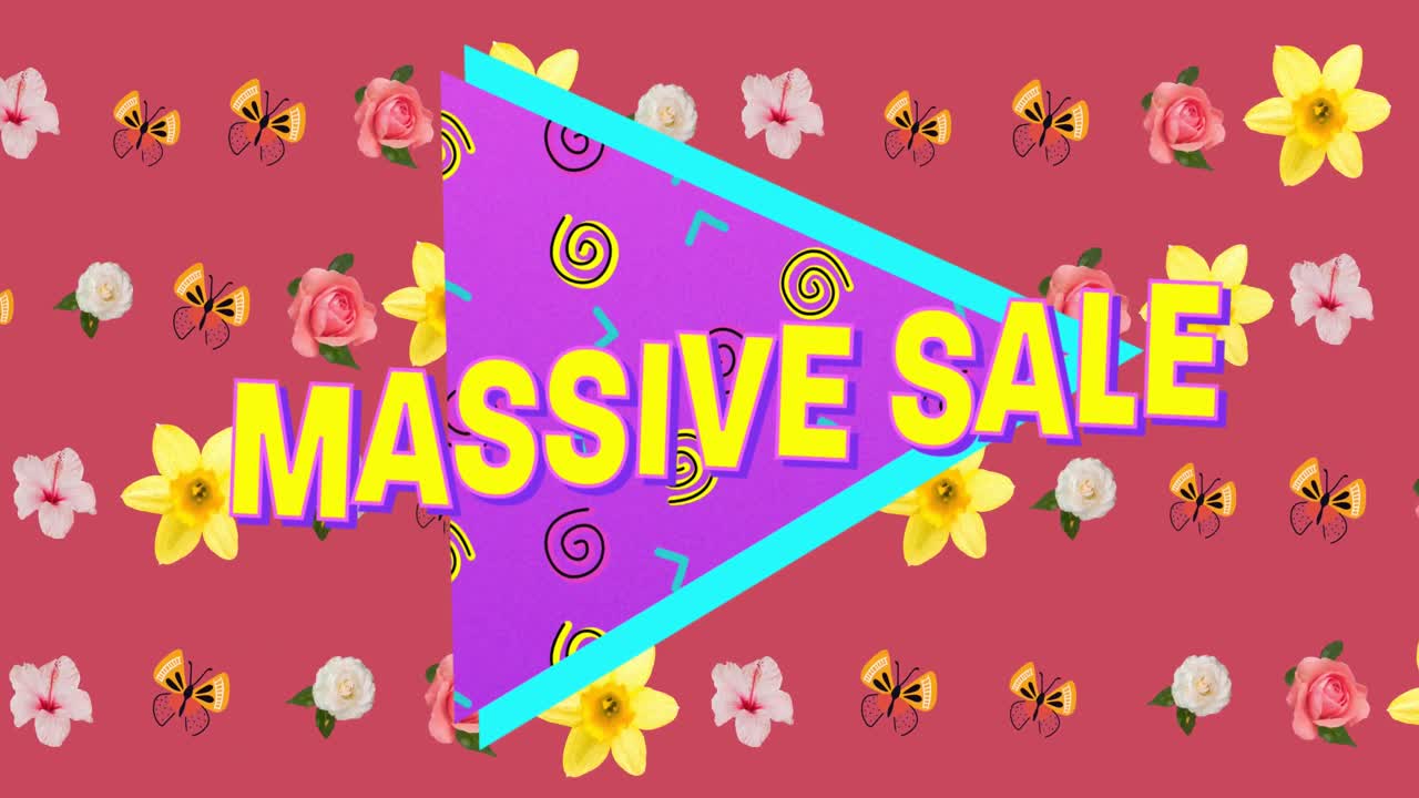 추상적인 모양과 꽃 배경으로 삼각형 위에 거대한 판매 텍스트의 애니메이션