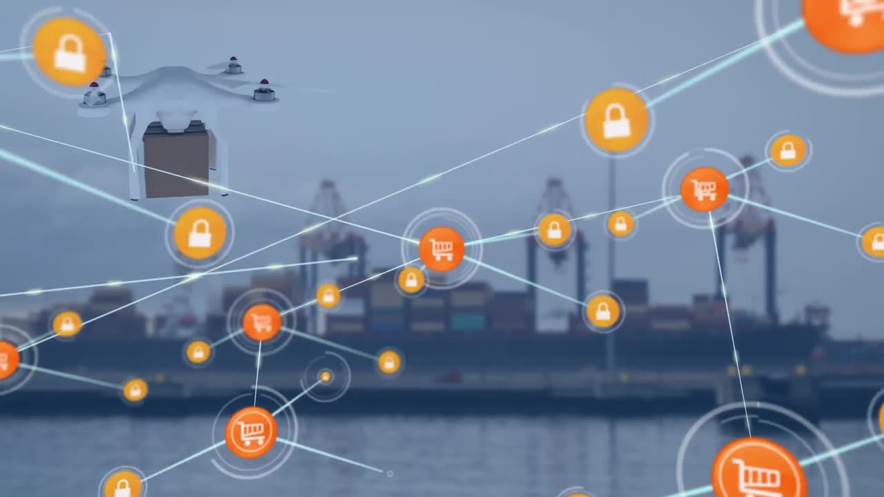animación de redes de conexiones y drones digitales sobre el astillero