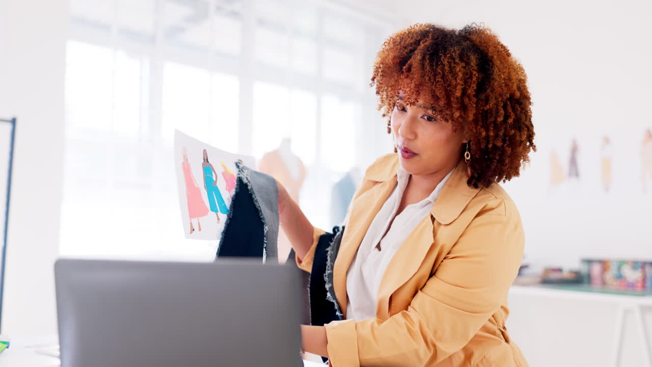 Fashion, design and black woman on video call