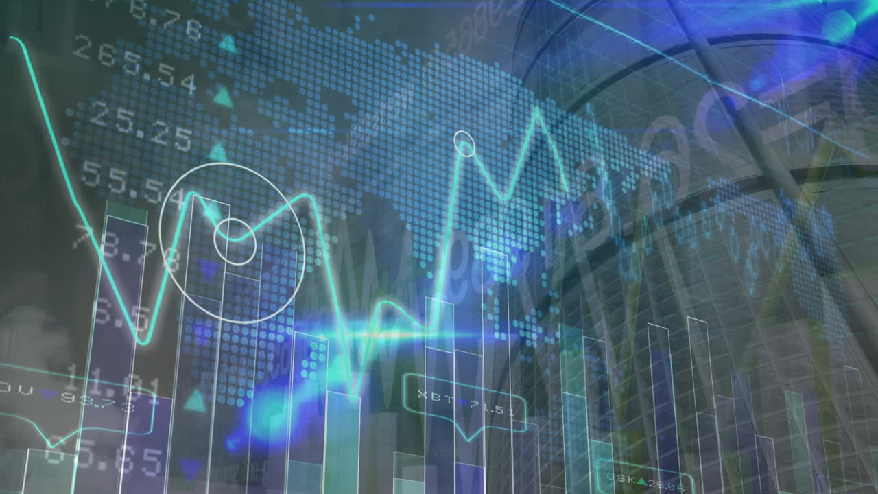 animación del procesamiento de datos y mapa del mundo sobre el paisaje urbano