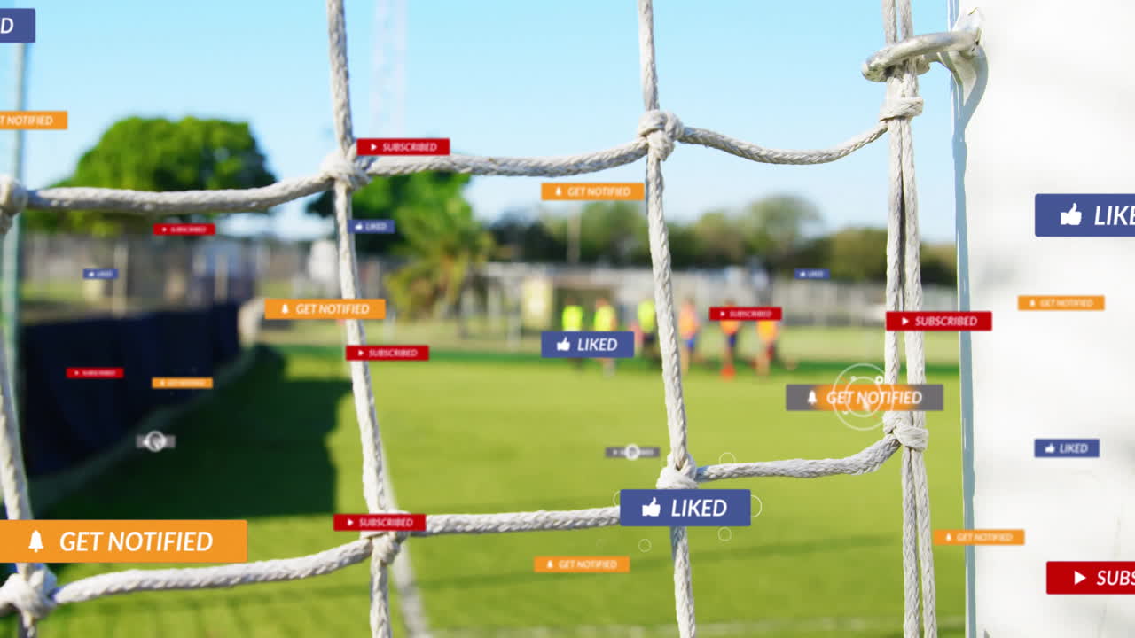 Animation of social media notifications overlaying soccer net on field