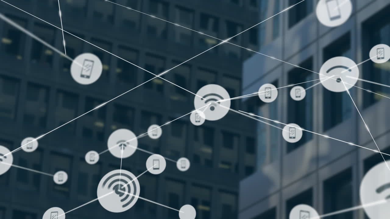 Animation of network of connections with icons over cityscape