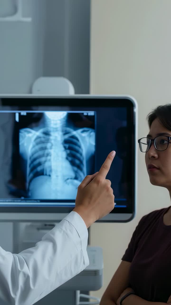 Vertical video: Pointing doc coat using bar clinic reading chest xray patient dark top, copy space