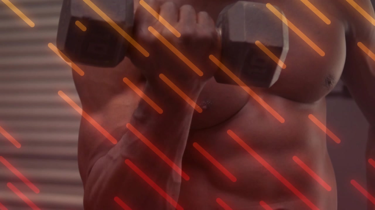 Man starting slow biceps curl for fitness, lifting hex dumbbell with orange streaks crossing torso