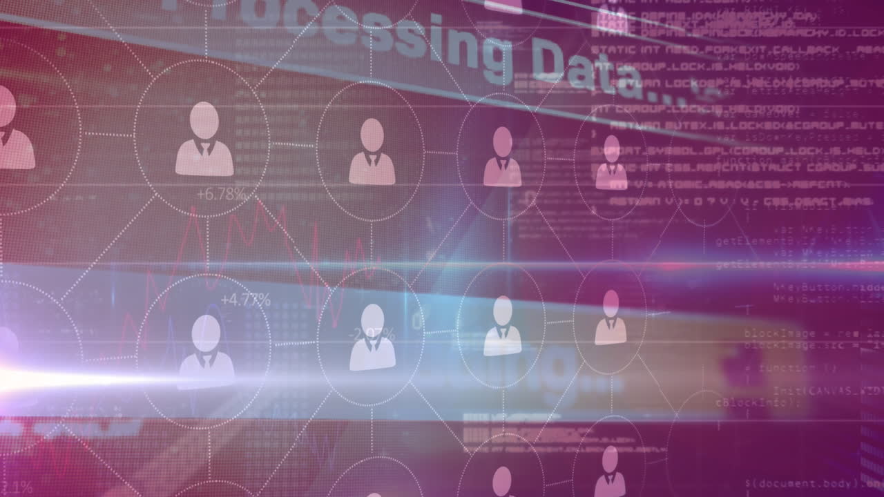 animación de la red de iconos de perfil y senderos de luz contra un fondo de gradiente púrpura.