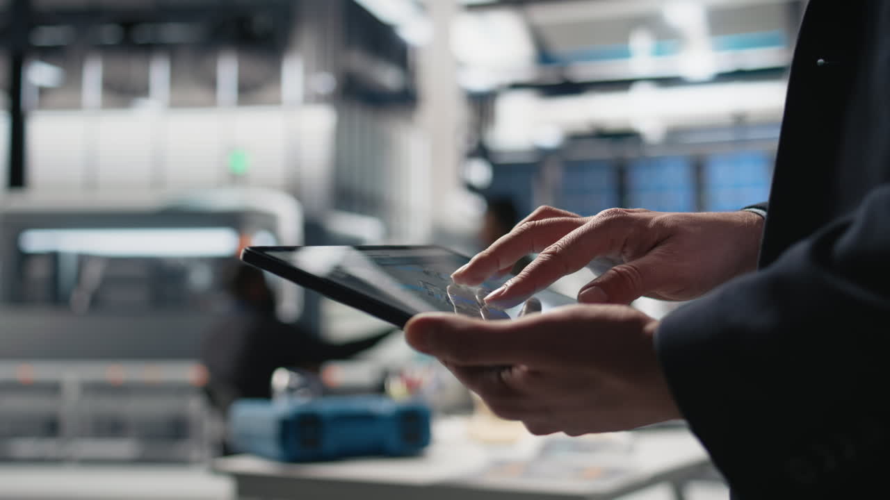 Business person using tablet in manufacturing facility