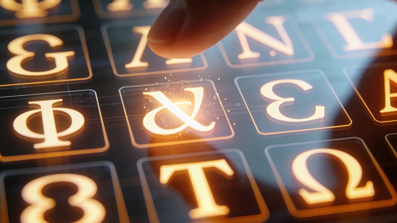 Polpastrello che sfiora il tasto della e commerciale su un tablet per selezionare un simbolo, mostrando i tasti phi e omega.