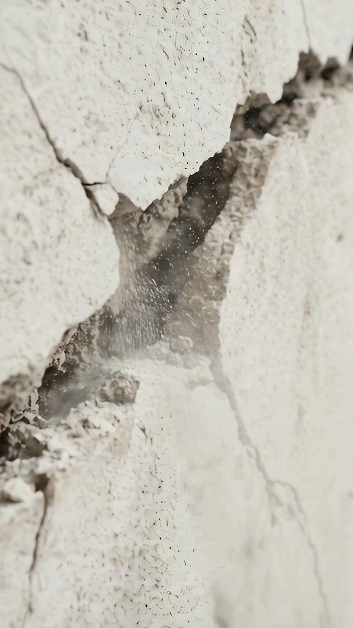 Video verticale: Crepa angolata nello stucco che emette polvere e detriti dopo un getto d'aria dalla fessura.