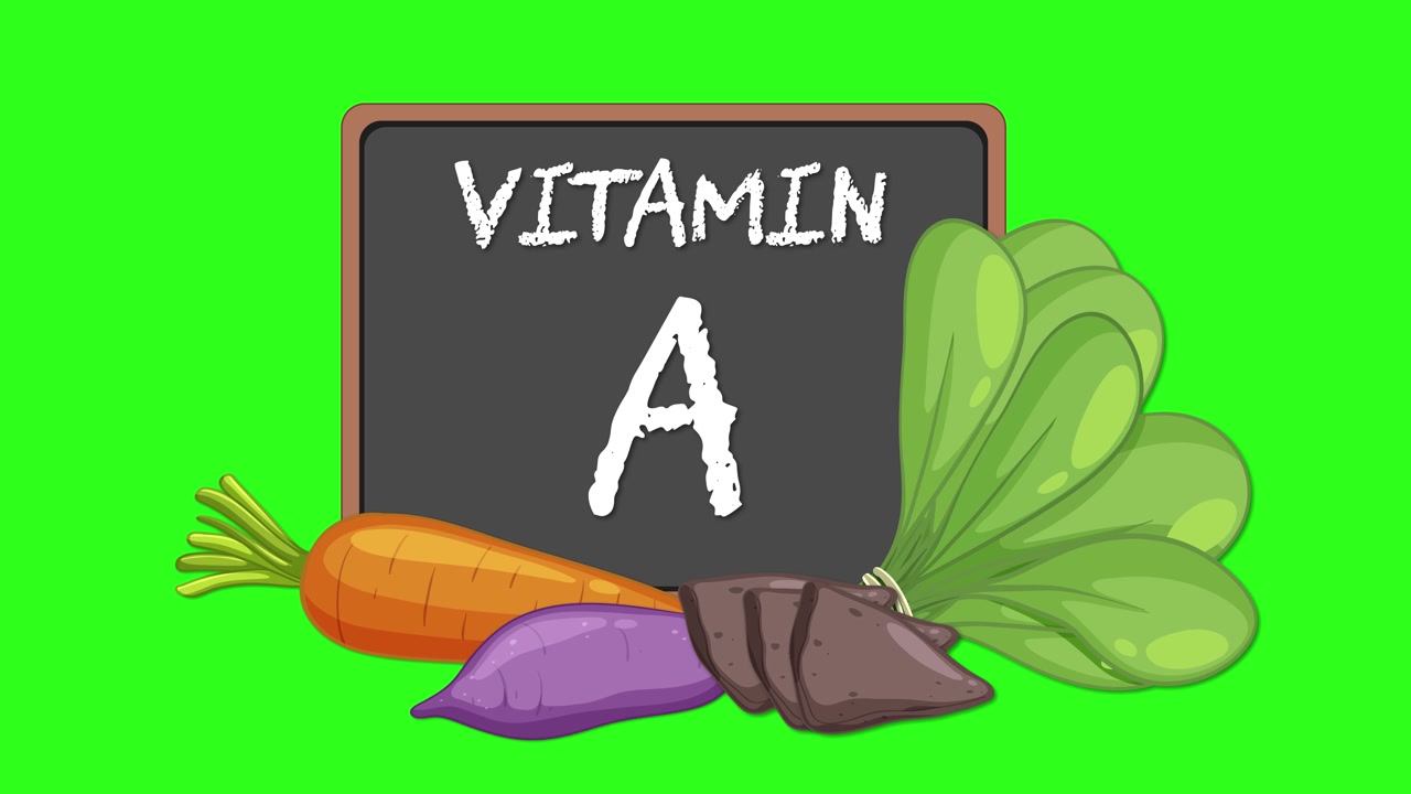 Yeşil zemin üzerinde havuçlar, ıspanak ve kök sebzelerle çevrili, üzerinde A Vitamini yazan kara tahta beliriyor