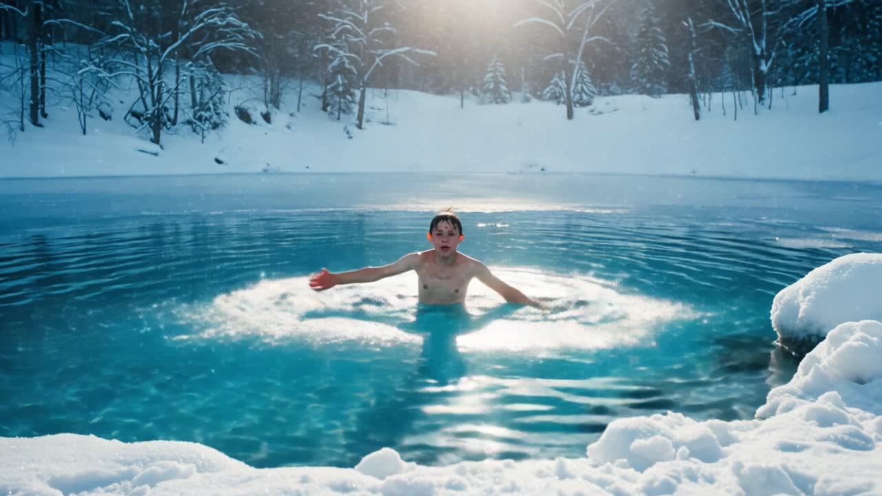 A Brave Swimmer Embraces Winter's Chill: The Joy of Polar Plunge in a Snowy Landscape with Crystal Clear Water