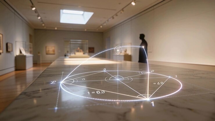 Appearing holo forming dome-beam on marble table in gallery showing form with man in coat watching