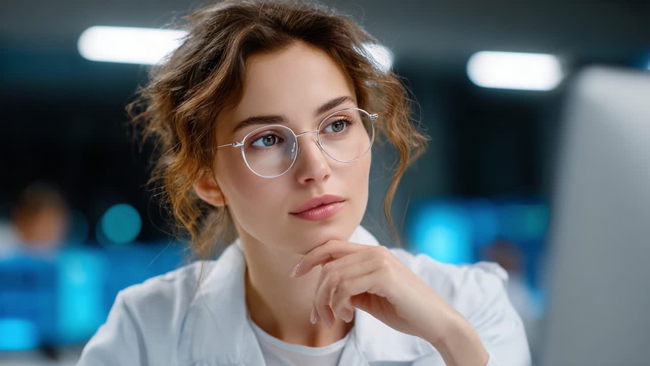 A focused young professional with glasses thoughtfully considers her work in a modern office setting, analyzing information and exemplifying intelligence and dedication