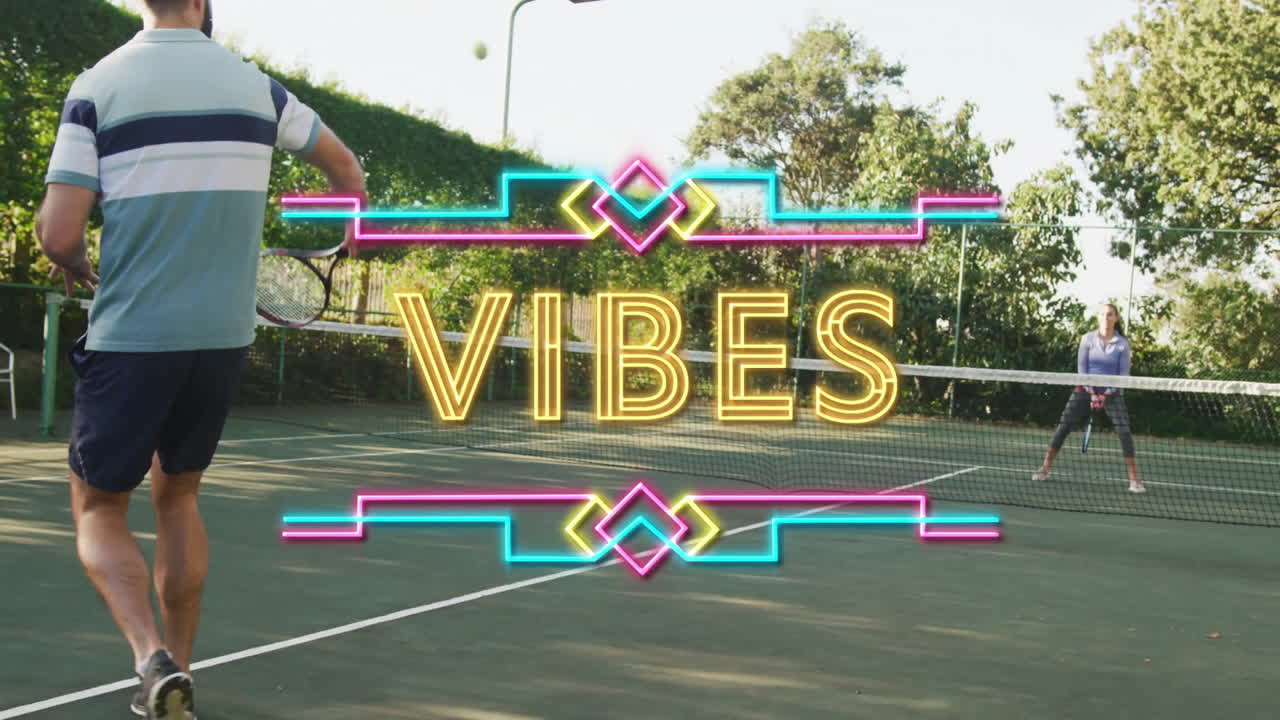 Man swinging racket at tennis court, showing neon VIBES overlay boosting marketing visuals