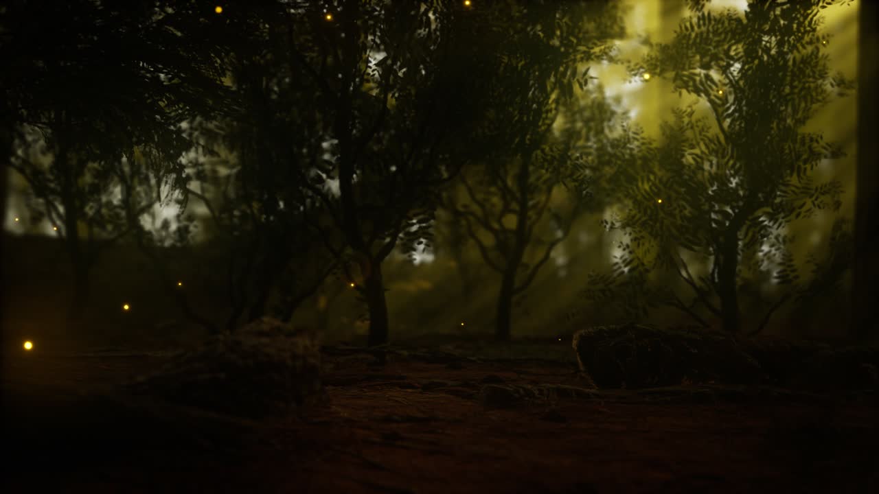 firefly in misty forest with fog
