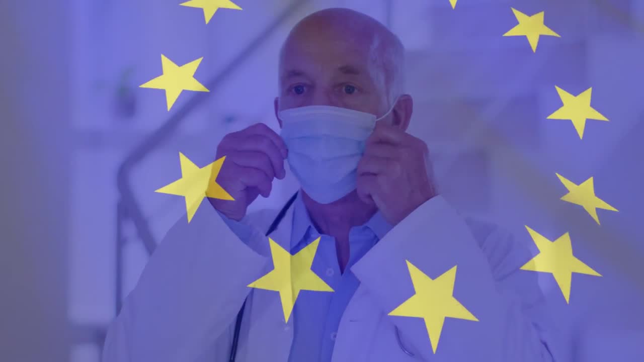 animación de la bandera de la unión europea y las estadísticas con un médico que se pone una máscara facial