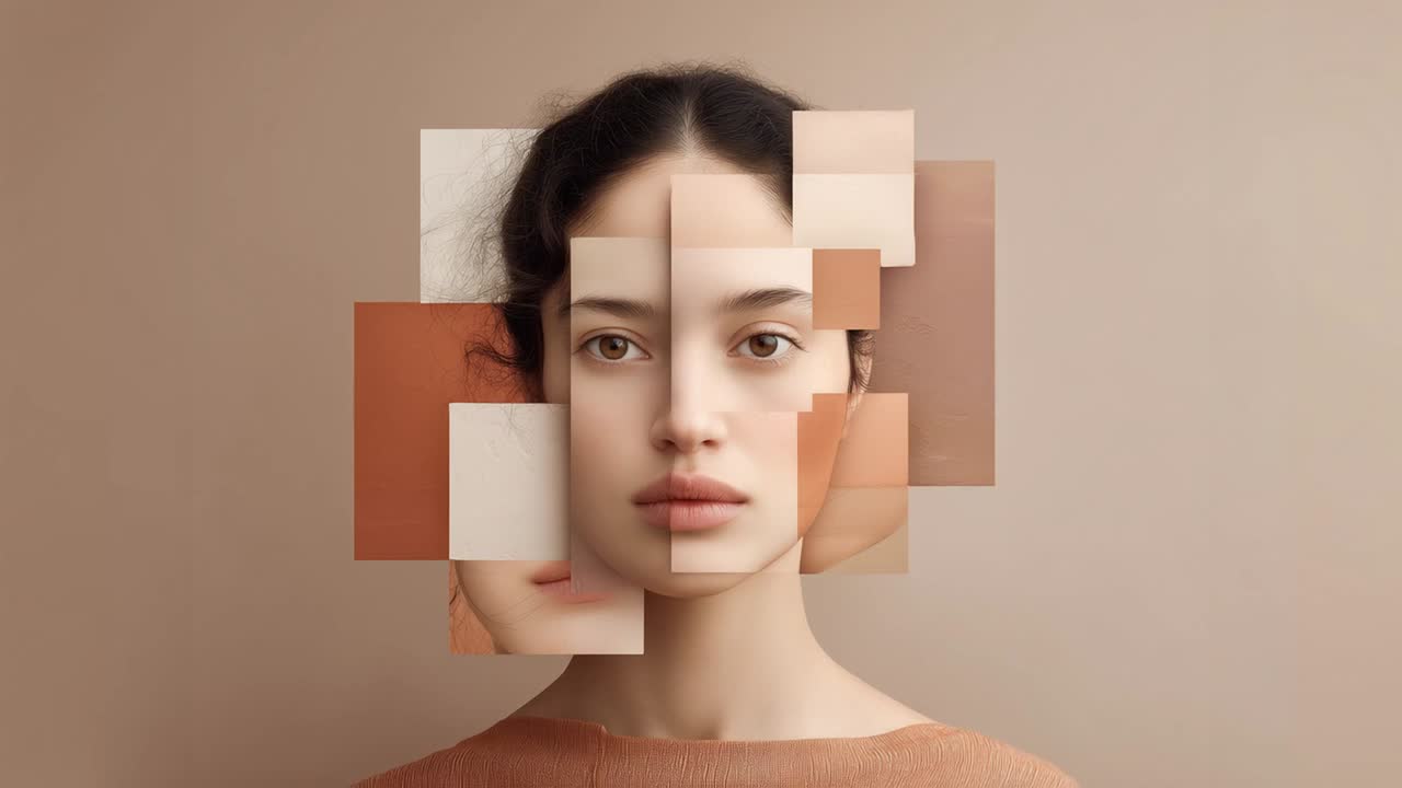 Retrato de uma mulher com diferentes tons de pele e efeito de mosaico