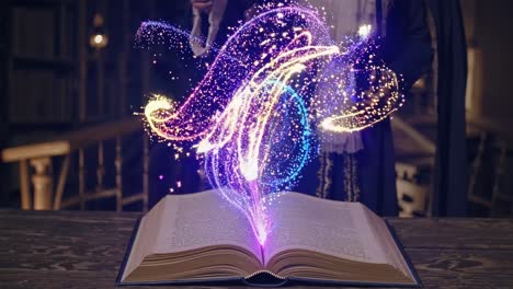 a magical video scene with a low-angle view of a book emitting colorful, swirling light trails