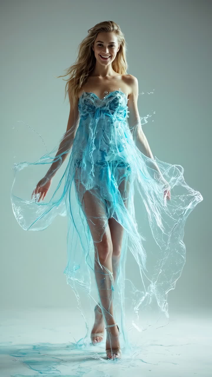 Woman in a flowing blue water dress with splashes