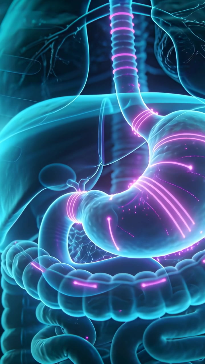 Vertical video: Animating gut sending magenta pulses after band forming at stomach inlet in 3D