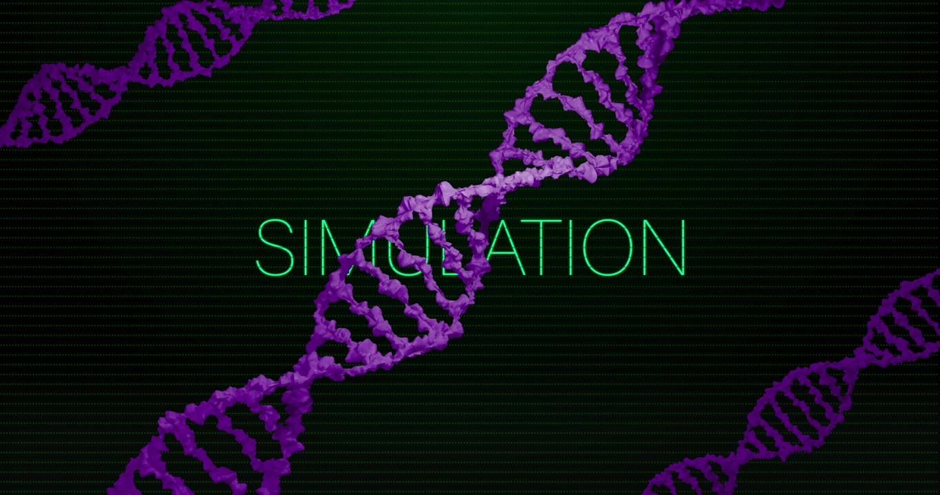 Green glitch sweeping, purple helix shifting diagonal while SIMULATION text revealing, stabilizing
