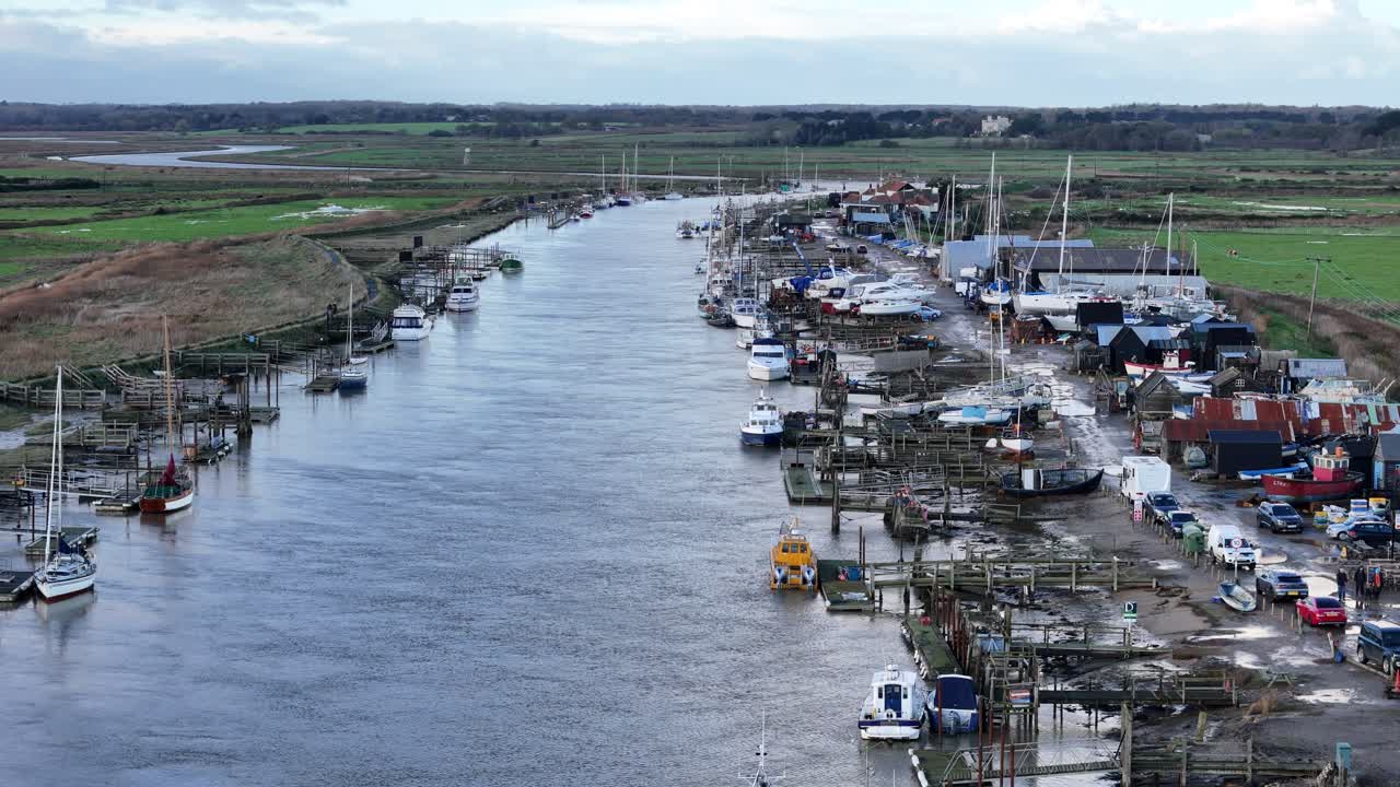 Row of moored boats Southwold Harbour Suffolk UK drone,aerial