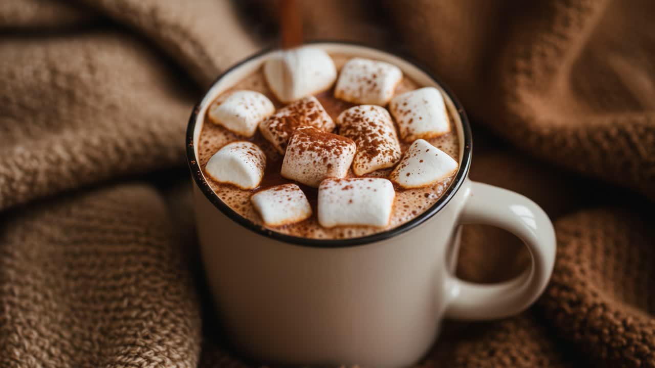 Cozy Hot Chocolate with Marshmallows on a Knitted Blanket