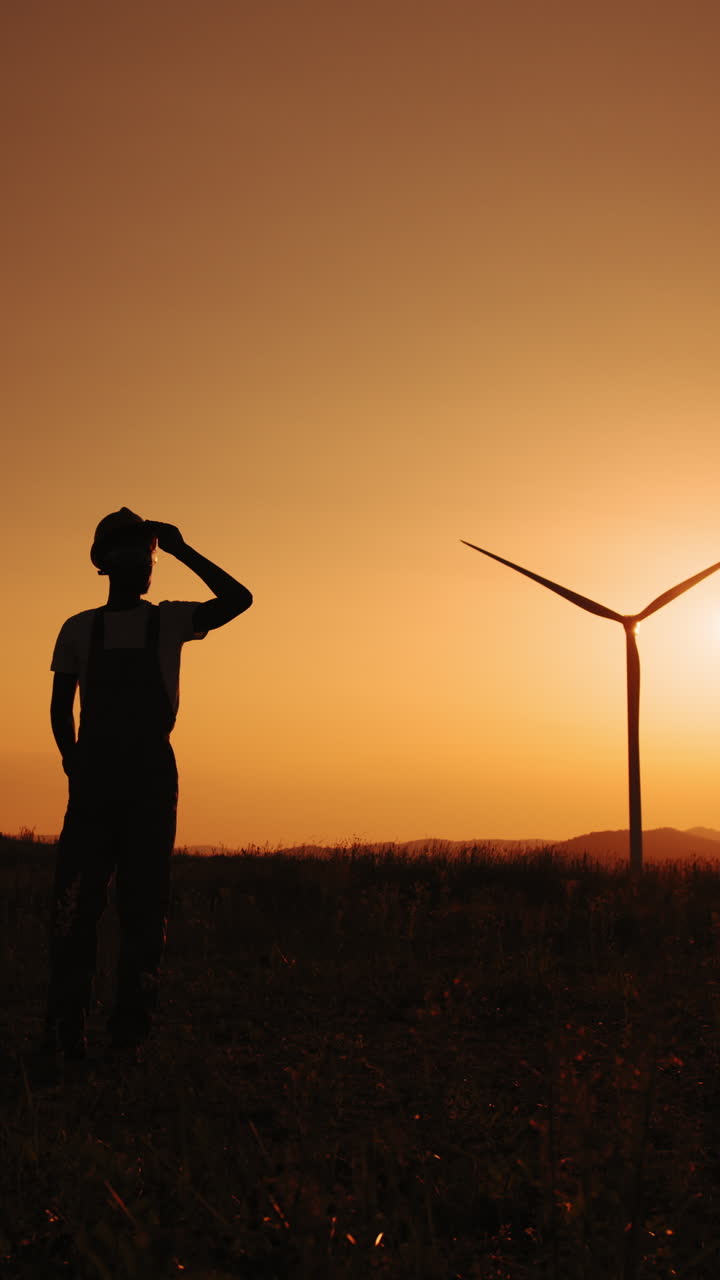 Farmer and wind turbine silhouette