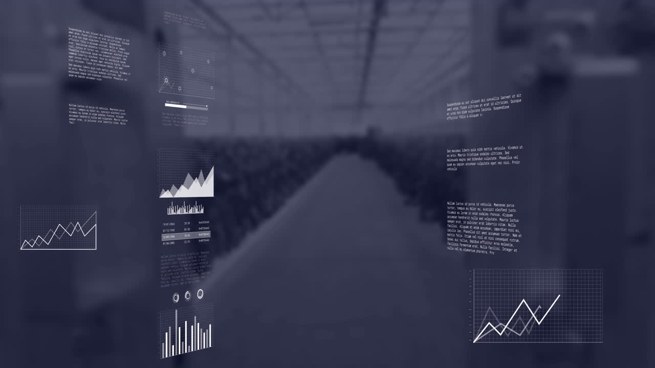 Animation of multiple graphs, map, loading bars with data over warehouse