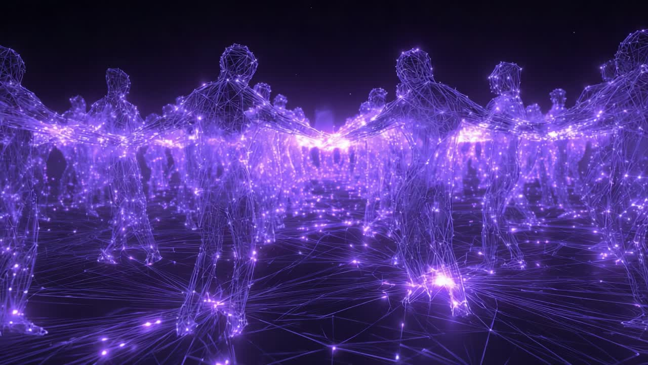 A mesmerizing display of interconnected digital beings emanating a radiant glow in a futuristic space, capturing the essence of unity and connection through vibrant, luminescent lines of energy