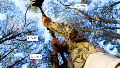 male hunter drawing compound bow in forest, showing floating social media icons for marketing