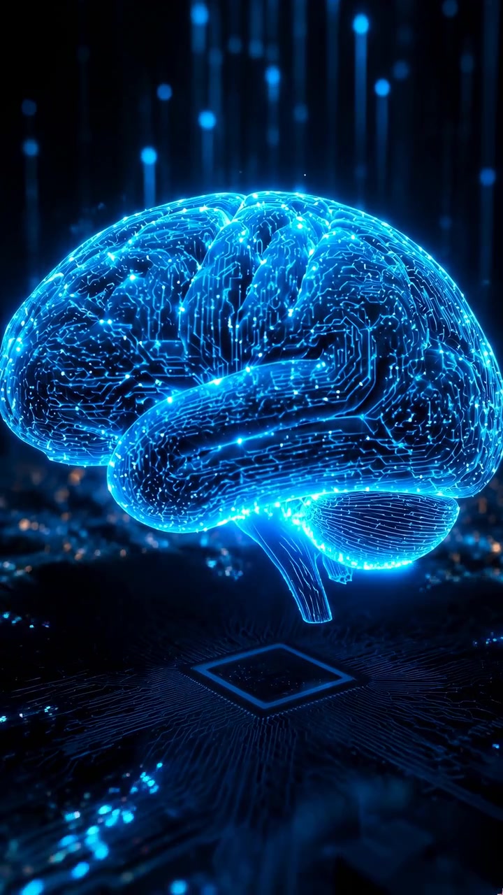 Electric blue brain floats above circuit board in dark technology scene, with vertical light streams rising through neural form and linking visible connection point, suggesting advanced computing