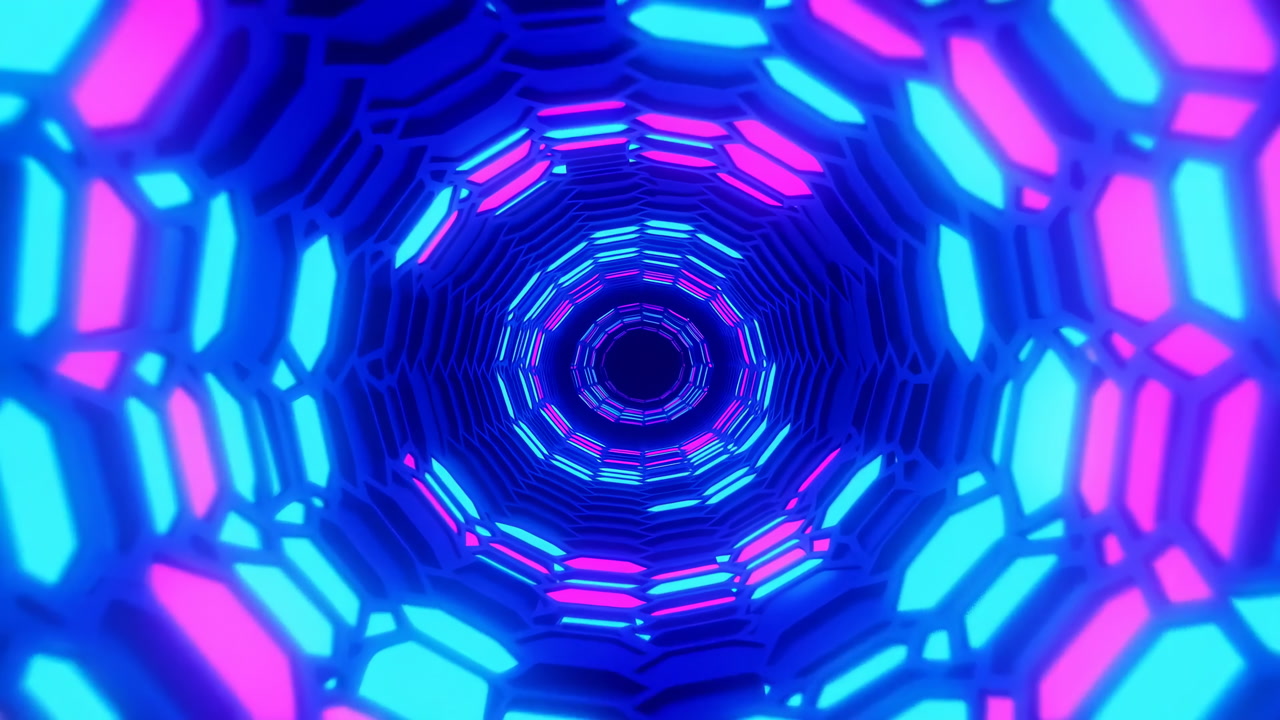 Neon Tunnel Rotating Hexagon Light Rings Create Hypnotic Corridor, Pulsating Blue And Magenta Panels Flash