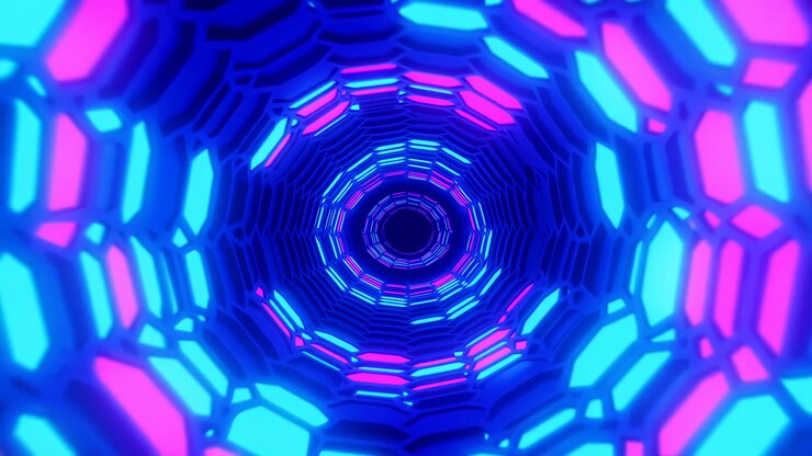 Neon Tunnel Rotating Hexagon Light Rings Create Hypnotic Corridor, Pulsating Blue And Magenta Panels Flash