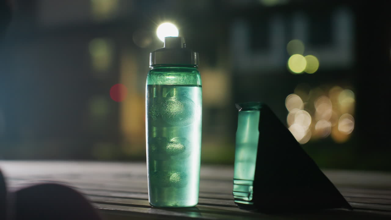 Close up round view of blue water bottle filled with water standing on wooden table next to triangular plate under blurred city lights while hand with bread moves across foreground at twilight