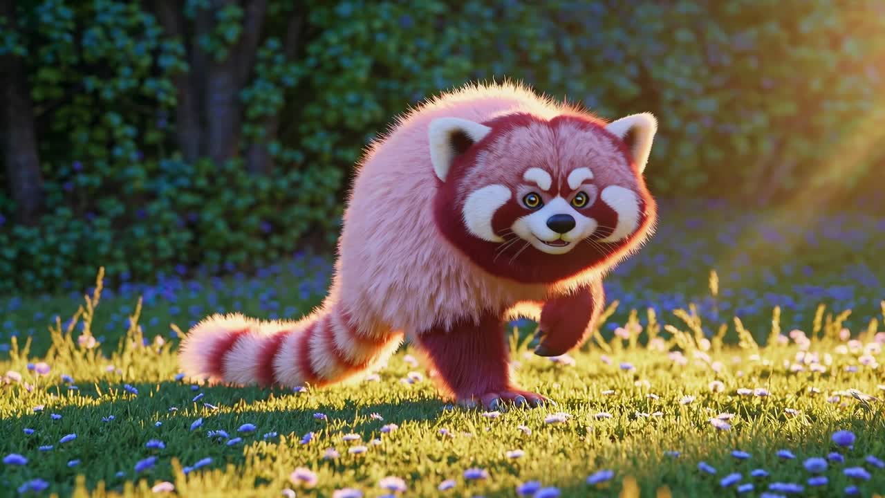 Panda rosso soffice e rosa in un prato