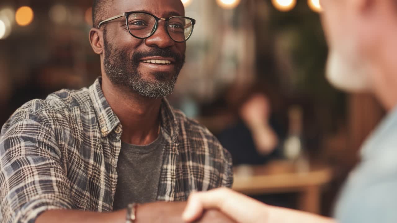 A Welcoming Exchange: Two Individuals Engaging in a Friendly Handshake, Expressing Connection and Positivity in a Café Setting