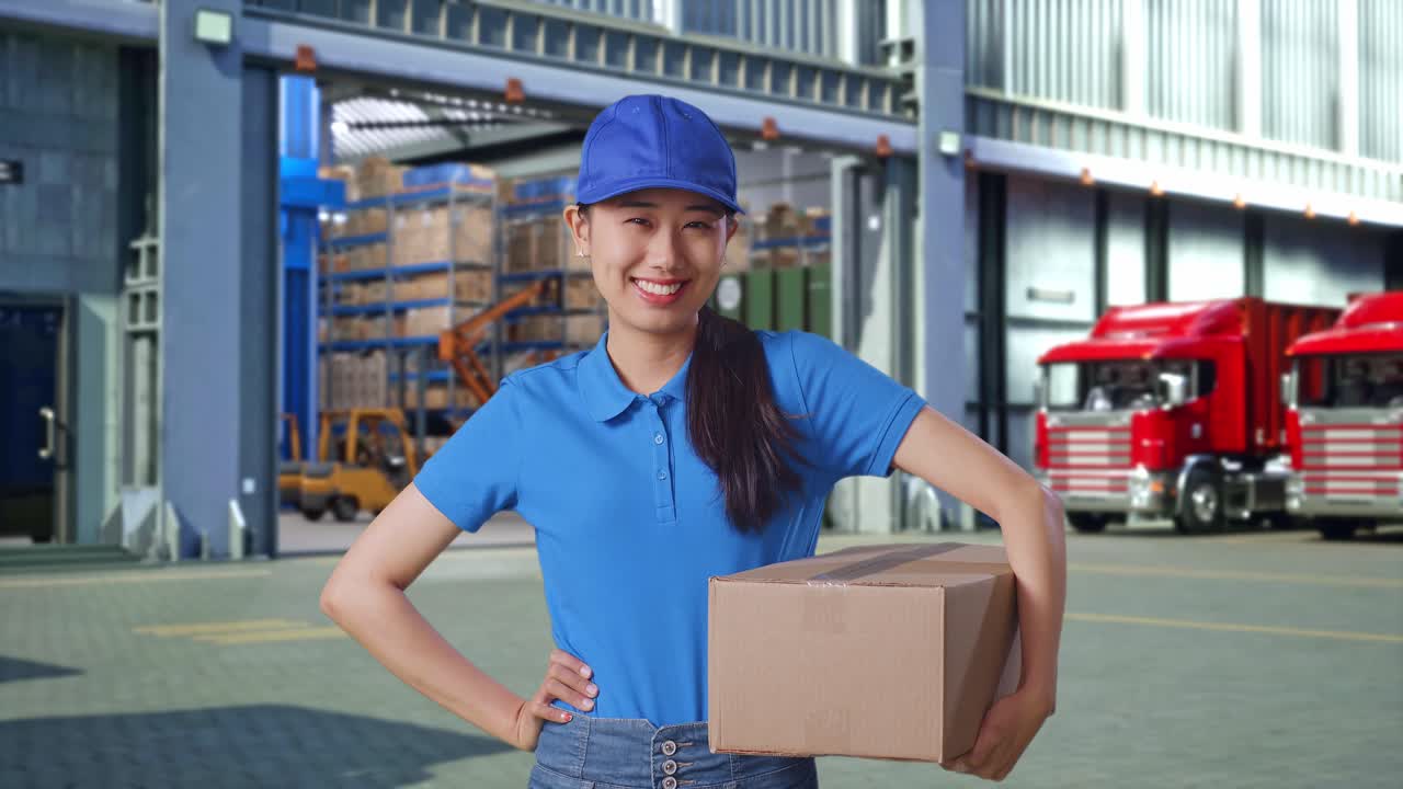Asian Female Courier In Blue Uniform Putting Hand On Hip And Smiling While Delivering A Carton, Outside Warehouse, Proud Pose