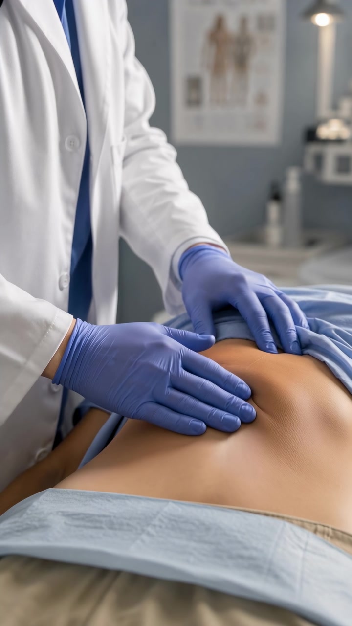 Professionista sanitario in camice bianco e guanti blu che palpa l'addome inferiore esposto di un paziente sdraiato su un lettino da visita, mostrando un'attenta valutazione clinica, igiene, fiducia e una pratica medica di routine.