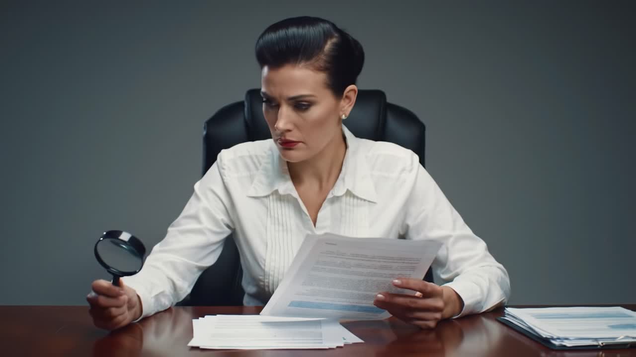 A Focused Professional Examines Documents with Thoughtful Intensity, Demonstrating Dedication and Precision in Her Work Environment