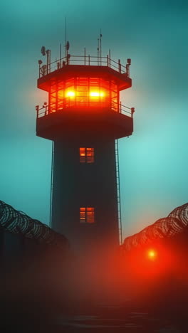 bright lighthouse shining in misty night. a lighthouse stands tall against a foggy night sky, its light glowing through mist and surrounding barbed wire.