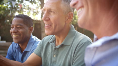 mature male friends socializing in backyard together
