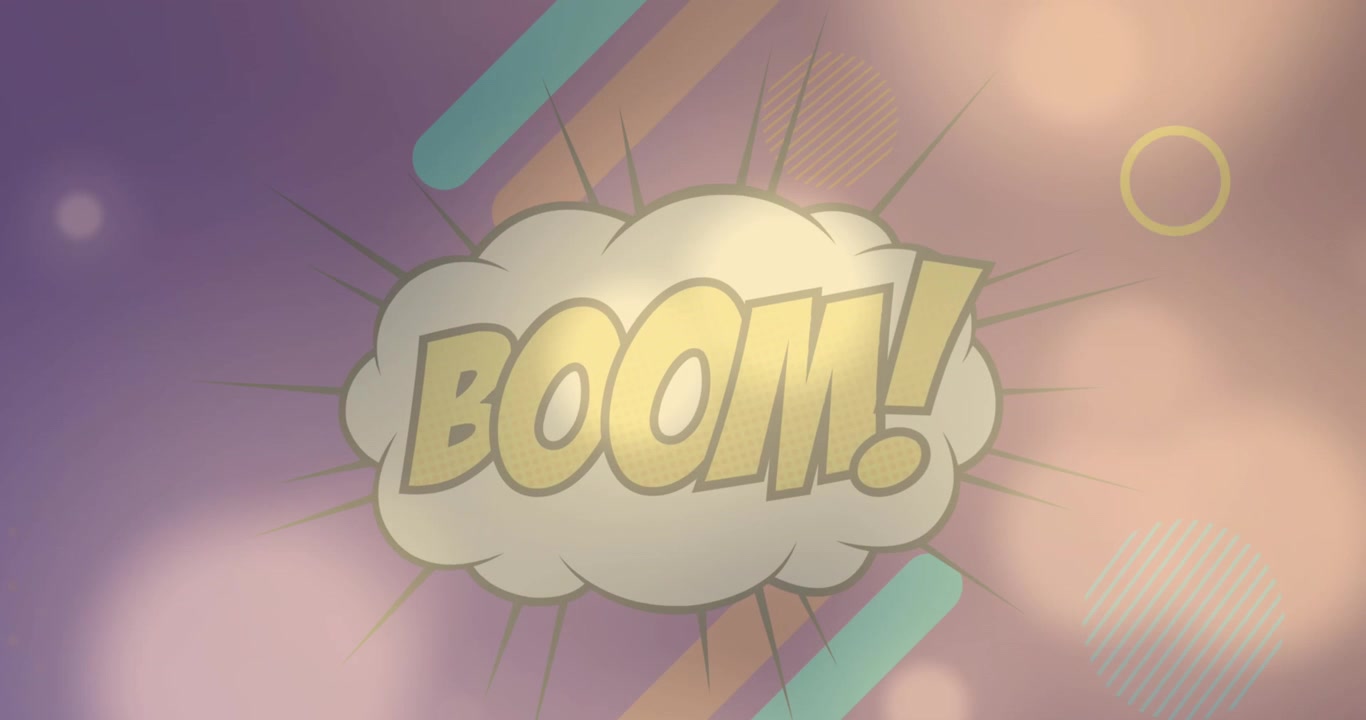 Testo "Boom" su una nuvoletta di dialogo su forme astratte e punti luce su sfondo rosa.